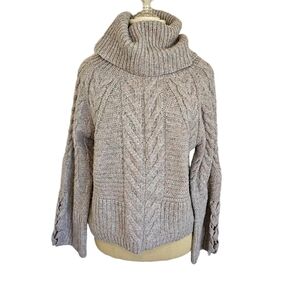 Express Marled Grey Cowl Neck Bell Sleeves Cable Knit Sweater Top Sz M